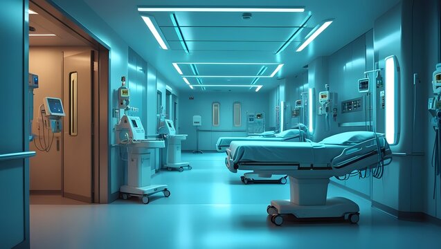 A futuristic and sterile hospital corridor with advanced medical technology and lighting