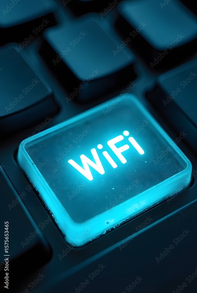 Poster glowing blue wifi button on a dark keyboard, vertical composition. a closeup shot showcasing vibrant