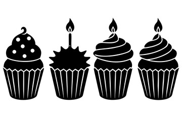 set of Birthday Cupcake silhouette vector illustration