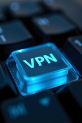 Glowing VPN button on a dark keyboard, vertical composition. A closeup shot showcasing vibrant blue light effects and a sleek, modern design.