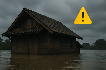 Naklejka premium Wooden house submerged in floodwaters under a stormy sky, with a warning symbol.