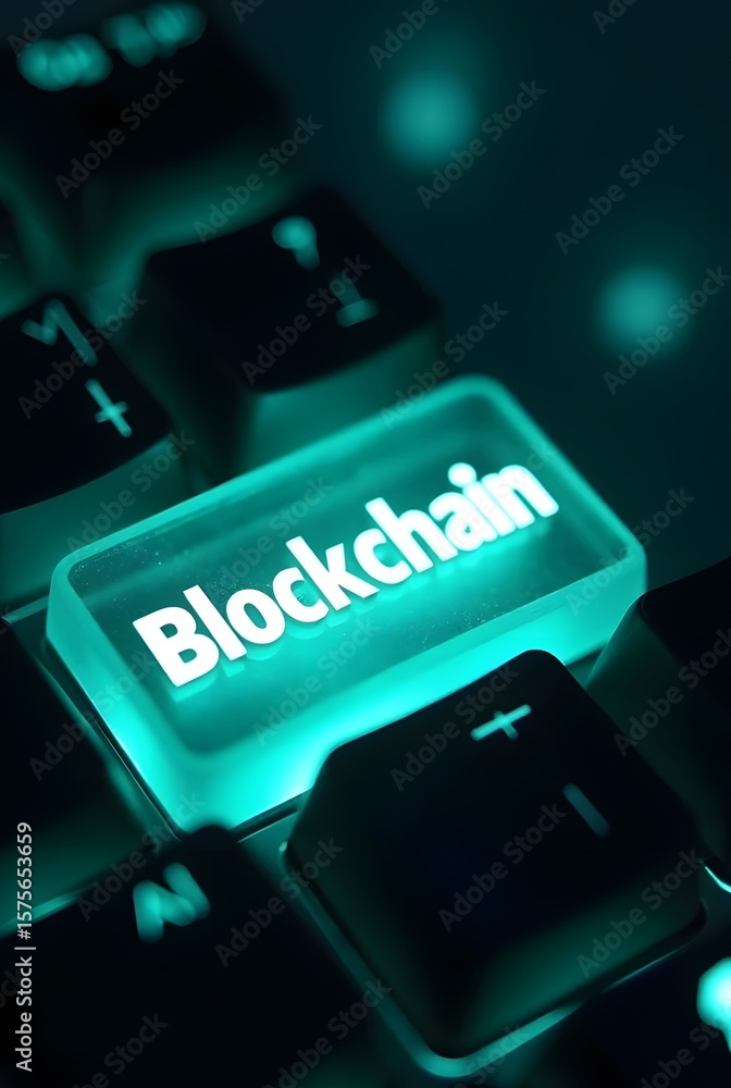 Poster glowing teal blockchain key on a dark keyboard, vertical composition. a futuristic concept image ide