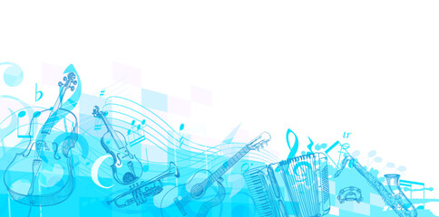 Vibrant blue abstract background with hand-drawn musical instruments including violin, cello, trumpet, guitar, accordion, saxophone, and tambourine. Flowing musical notes and staff lines