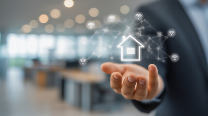 Businessman holding smart home technology with a connection network