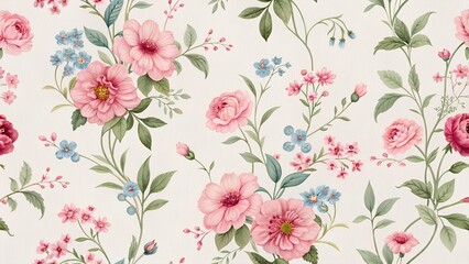 Fototapeta premium Vintage Floral Rose Pattern Background with Leaves