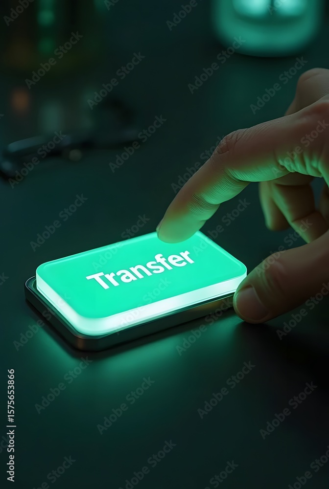 Poster glowing green button with the word transfer, vertical composition. a finger presses the illuminated 