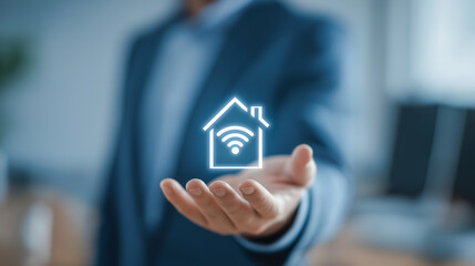 Businessman holding a smart home technology icon