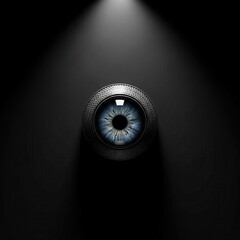 futuristic blue eye camera lens under spotlight in dark minimal setting