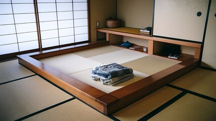 A traditional Japanese room with a tatami mat floor and shoji screen walls is depicted. The room is minimalist, featuring low wooden shelving along the wall. In the foreground, a stack of neatly folde