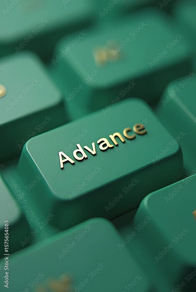 Poster a closeup of a teal keyboard with a gold advance key, vertical composition. the image showcases vibr