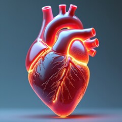 glowing red anatomical human heart 3d rendering with illuminated veins on blue background