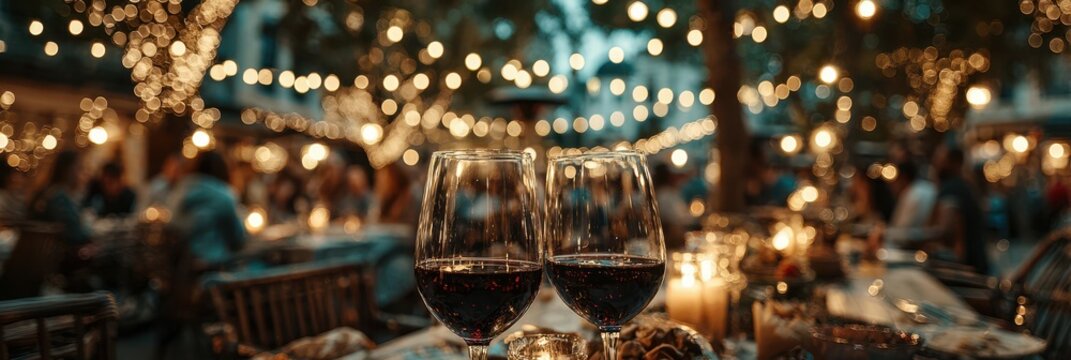 Evening outdoor dining experience with wine and warm lights in a lively setting