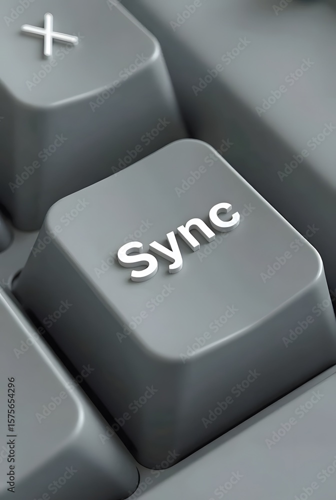 Poster closeup of a keyboards sync key, showcasing a minimalist design and neutral gray tones, vertical com