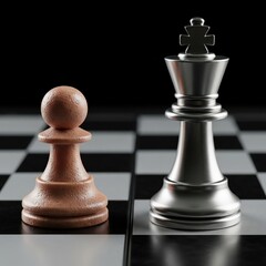 Chess pawn and king on black white board minimal closeup with metallic and wooden textures