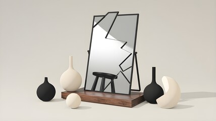 A modern and abstract decorative mirror stands upright on a light-colored surface, possibly a wooden table or shelf. The mirror's frame is black, with geometric, interlocking shapes that give it a fra