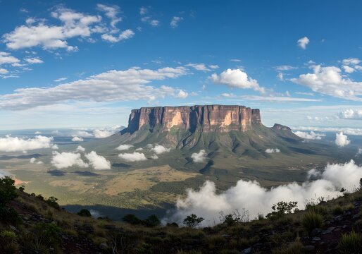 Majestic Mountaintop Landscape Roraima Mountain, Venezuela, Cloudy Sky, Nature Scenery, South America.
