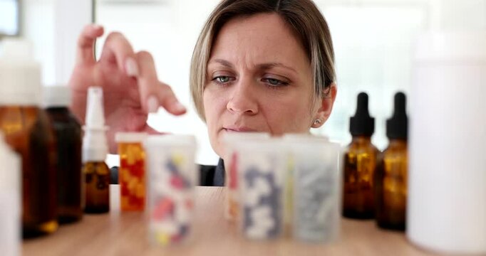 Focused woman checks home first aid kit seeking expired medicine in cabinet. Serious blonde lady observes bottles with capsules on wooden shelf