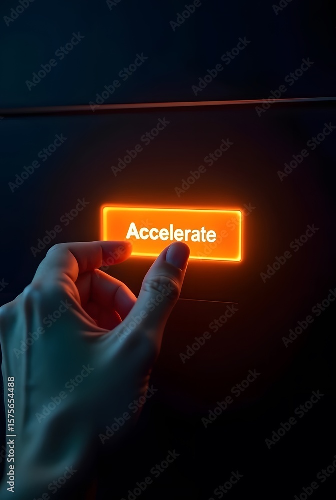 Poster a hand activates an orange glowing button that reads, accelerate, vertical composition. the image fe