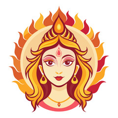 Stylized illustration of goddess durga with fiery halo and ornate jewelry