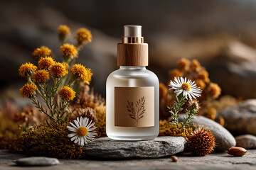 Organic cosmetic product, flowers and herbals around, outdoor demonstration. Glass bottle standing on the stone, natural cosmetic, paper label
