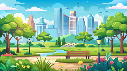 Beautiful summer or spring outdoor urban city park with lush greenery and panoramic cityscape. Horizontal banner design with vibrant and fresh atmosphere. Vector illustration