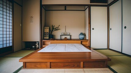 Fototapeta premium A tranquil and minimalist Japanese-style bedroom features a low wooden platform bed with a white futon mattress. The bed is situated within a traditional room defined by dark wooden beams and transluc
