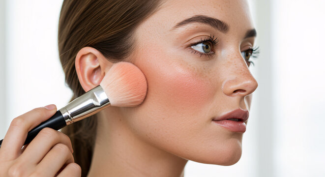 Closeup of a beautiful woman applying pink blush with a cosmetic brush. Profile of a model with perfect glowing skin and natural freckles. Skincare, beauty routine, and professional makeup concept.