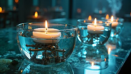 The reflection of the candle in the water container