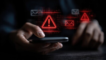 Person holding smartphone with red warning signs overlay