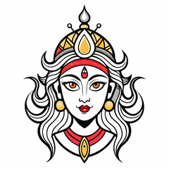 Stylized illustration of the hindu goddess durga s face with ornate headdress and flowing hair