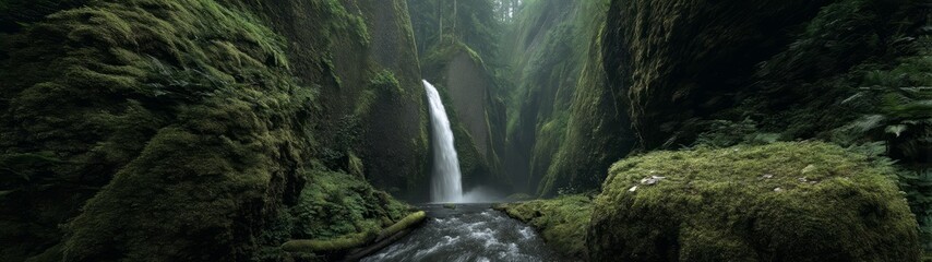 Fototapeta premium Majestic waterfall cascade lush forest hdr 360 degrees panoramic view nature scene
