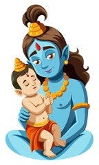 Blue deity holding a baby boy in his arms with a tender expression