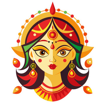 Stylized illustration of goddess durga face with traditional indian jewelry and ornaments