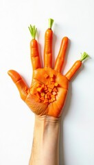 A whimsical hand shape formed by miniature carrots on a pure white background , texture, carrot