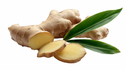 Fresh ginger root and slices are beautifully displayed alongside vibrant green leaves against a dark background, offering a culinary delight.