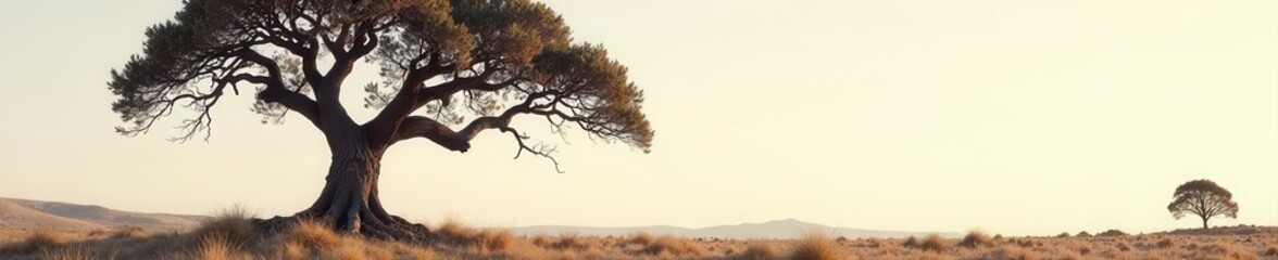 Fototapeta premium Ancient, weathered tree, stark against pale sky, texture, earth