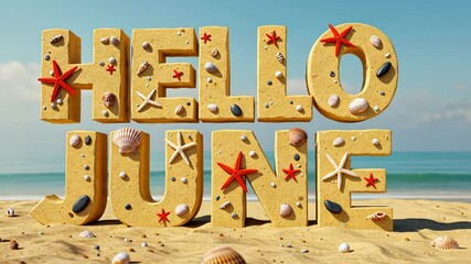 Sandy beach "hello june" sign with seashells and starfish by the ocean