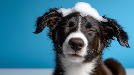 Cute Puppy Bath Scene with Foam and Blue Backdrop