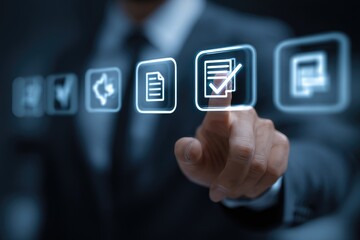 Businessman interacts with digital document icons (2)