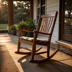 A classic wooden rocking chair with a light-colored cushion is situated on a sun-drenched outdoor patio or porch. The chair, with its traditional design, is surrounded by green potted plants, enhancin