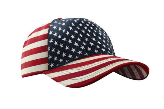 Baseball cap with American flag isolated on a cut out PNG transparent background