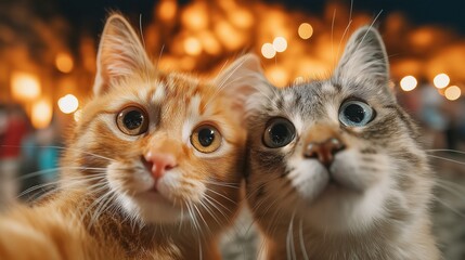 A funny, wide-angle selfie of an orange cat and a tabby cat with at a night festival. A concept for friendship, travel, and unique beauty.