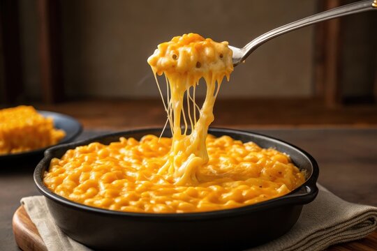 A spoon lifting a gooey scoop of macaroni and cheese