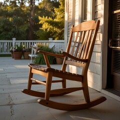 A classic wooden rocking chair sits invitingly on a sunlit porch or patio, made of light-colored paving stones. The chair has traditional slatted details and a warm brown finish. In the ba