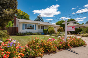 Sold sign in front of suburban house with colorful flower garden on sunny day