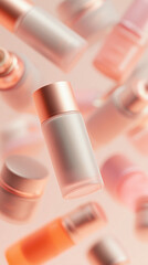 Vertical wallpaper of floating cosmetic bottles with rose gold caps on pink background, isolated, backdrop template for skincare product packaging design and branding