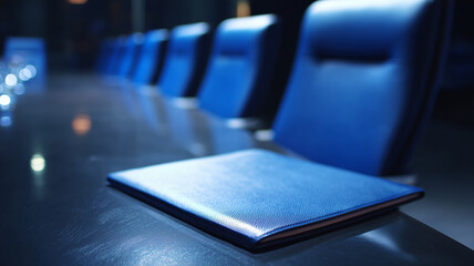 Empty modern boardroom with blue chairs and a leather folder on a long table, concept for corporate meeting preparation and business strategy