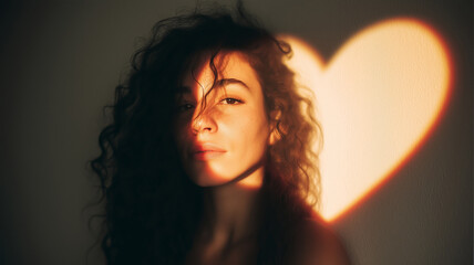 Closeup front view portrait of young woman with curly hair illuminated by the light of a heart shaped window in the morning