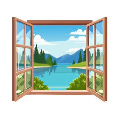 Scenic lake view through an open window with mountains, trees, and reflections