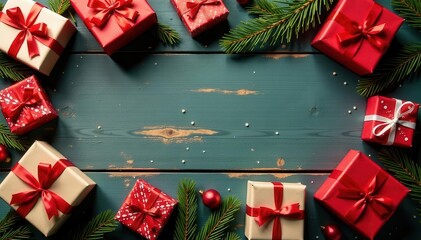 Scattered Christmas gift boxes on aged wooden planks; central area free , wooden floor, commercial, celebration